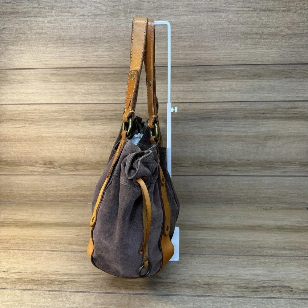 LUCKY BRAND Large Tote Brown Suede Leather Boho Hobo Hippie Drawstring Handbag
